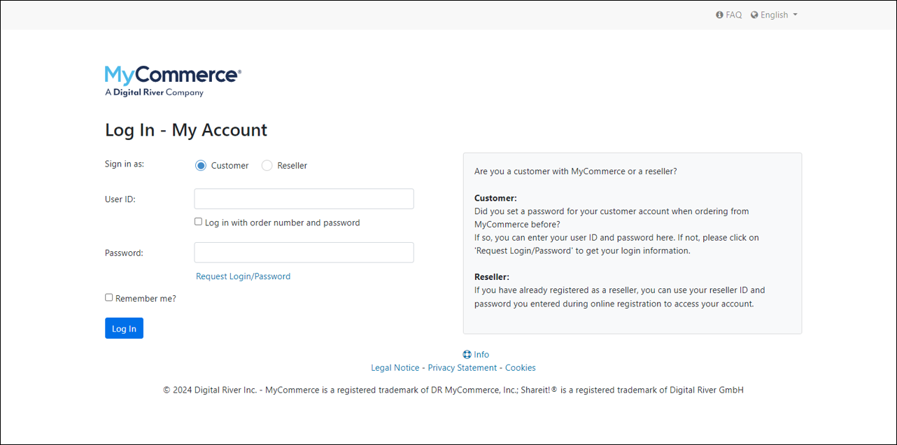 MyCommerce Page Login