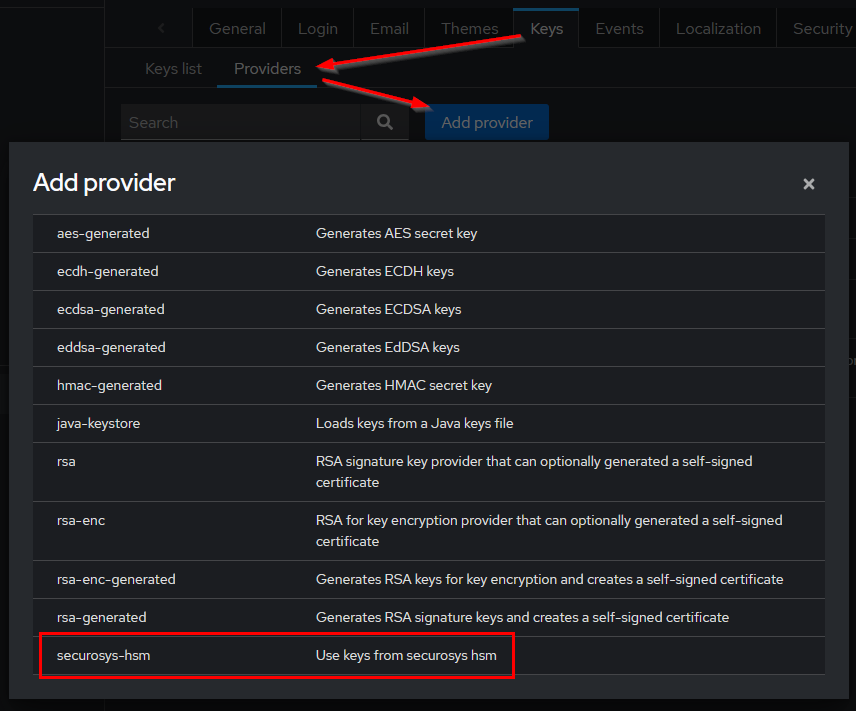 Keycloak add securosys-hsm provider from list