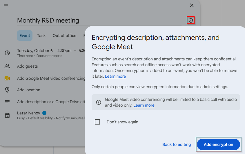 Create an encrypted calendar entry