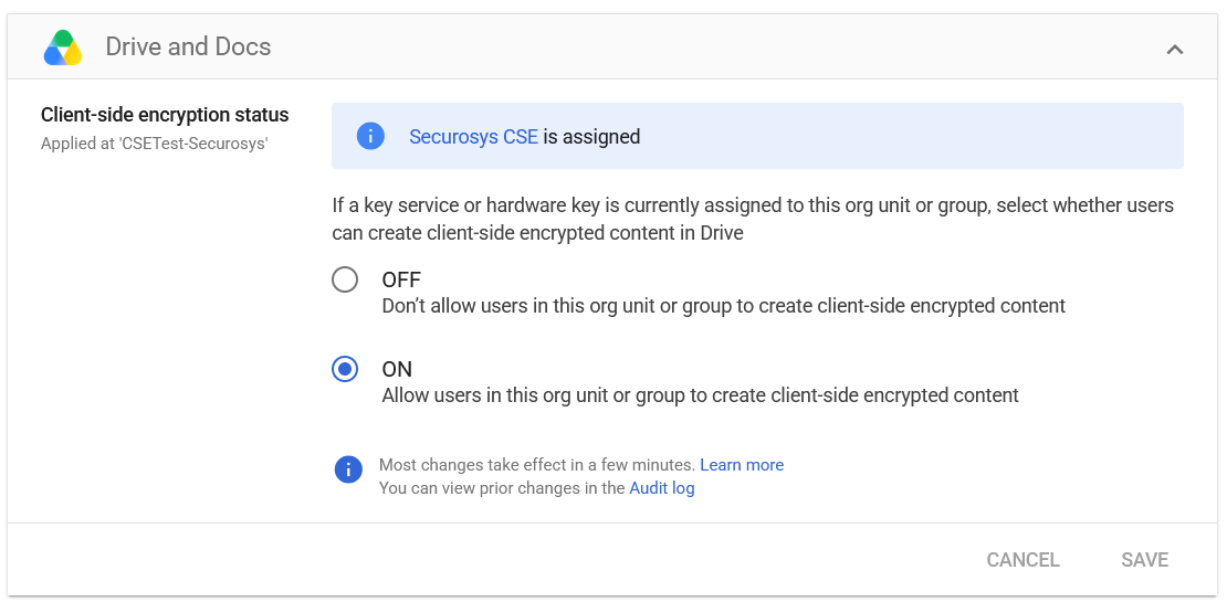 Screenshot showing the ON/OFF toggle for Drive and Docs