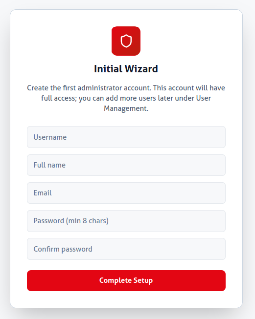 Initial Setup screen creating the first Administrator