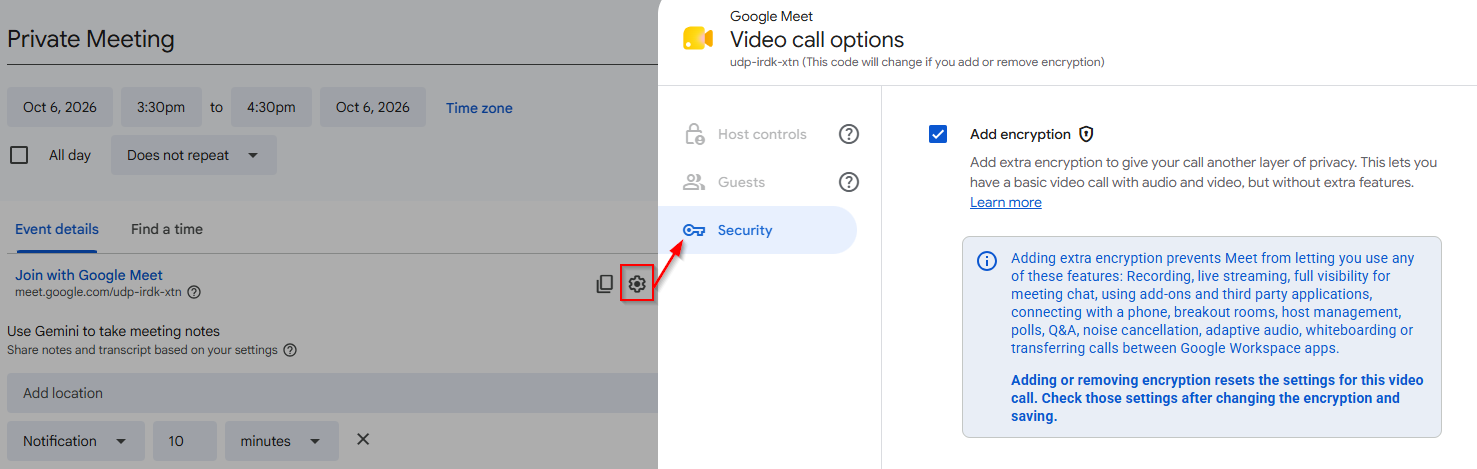 Create a single encrypted meeting