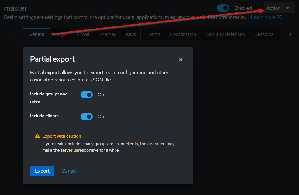 Keycloak partial export via UI