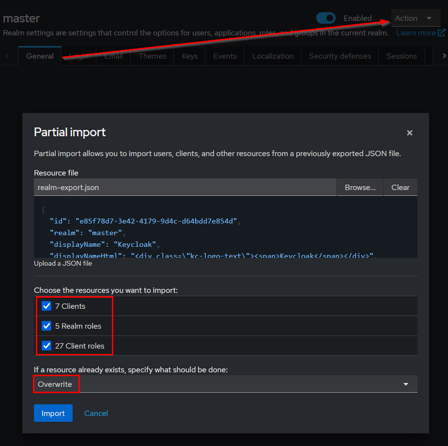 Keycloak partial import via UI
