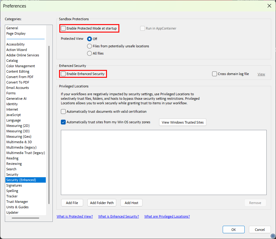 Adobe Enhanced Security Preferences