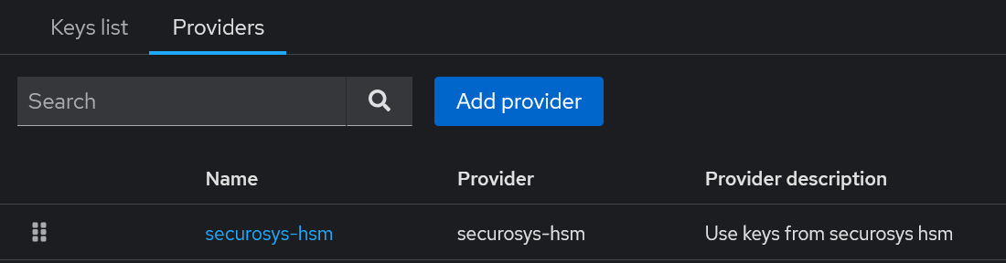 Keycloak provider list, showing securosys-hsm